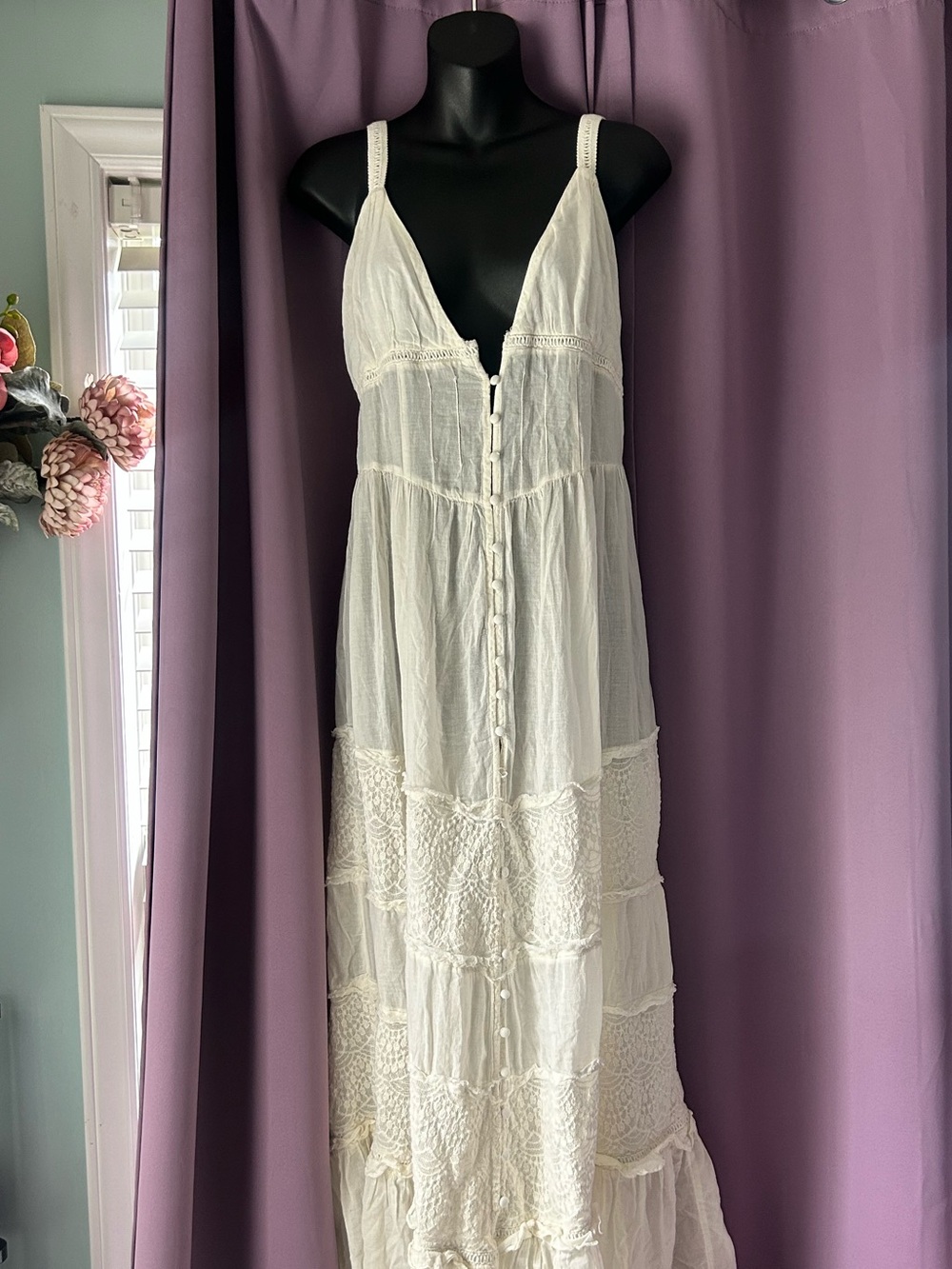 Free People Cream Button-Front Tiered Maxi Dress